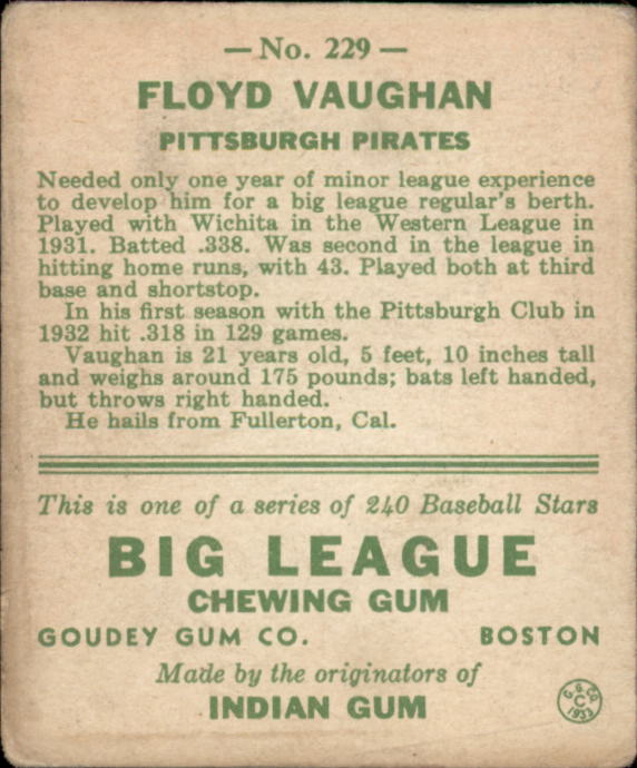 1933 Goudey #229 Arky Vaughan RC back image