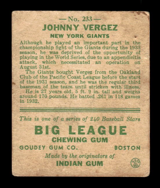1933 Goudey #233 Johnny Vergez RC back image