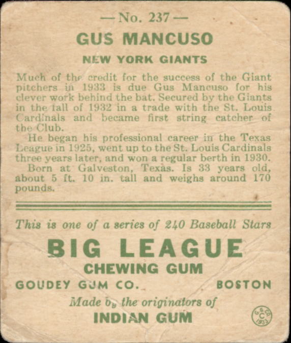 1933 Goudey #237 Gus Mancuso FIELD RC back image