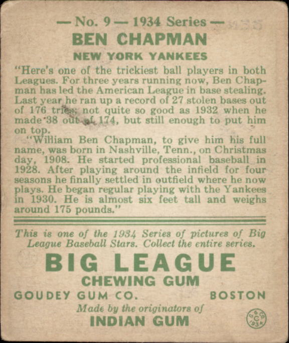 1934 Goudey #9 Ben Chapman back image
