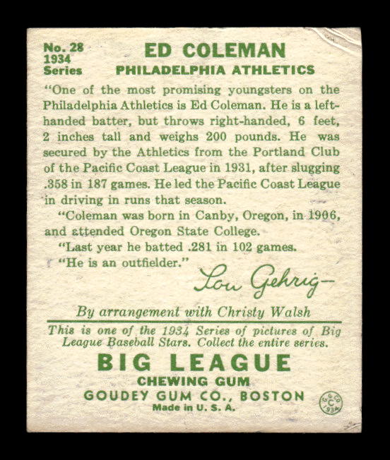 1934 Goudey #28 Ed Coleman RC back image