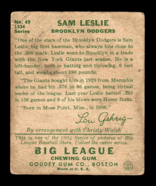 1934 Goudey #49 Sam Leslie RC back image