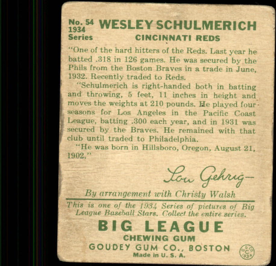 1934 Goudey #54 Wesley Schulmerich RC back image