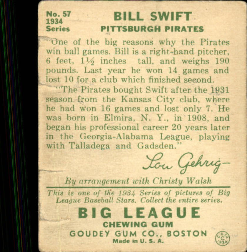1934 Goudey #57 Bill Swift RC back image