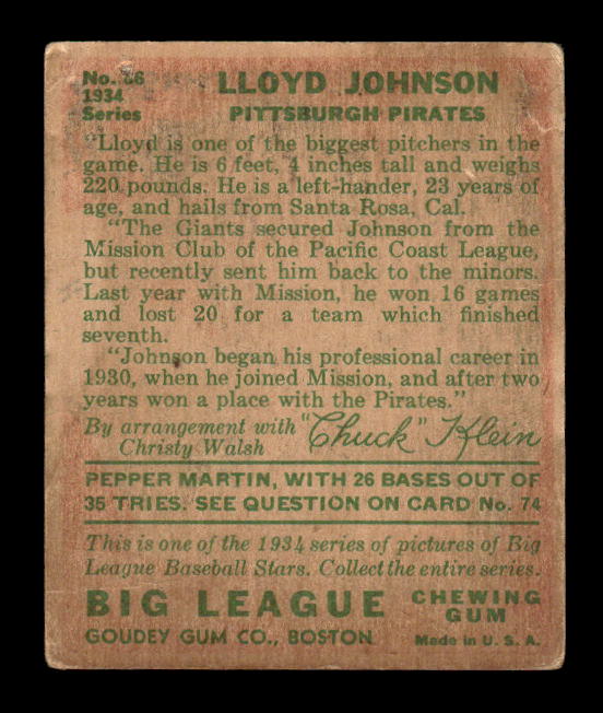 1934 Goudey #86 Lloyd Johnson CK RC back image
