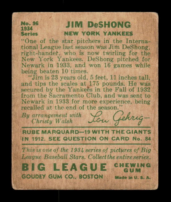 1934 Goudey #96 James DeShong RC back image
