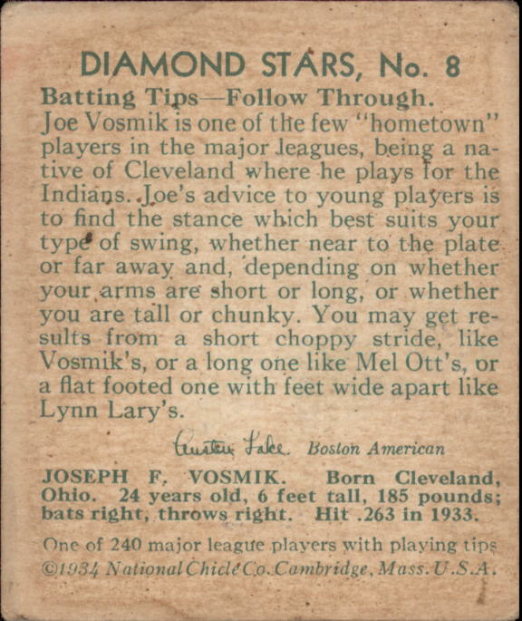 1934-36 Diamond Stars #8 Joe Vosmik XRC (34G,35G,36B) back image