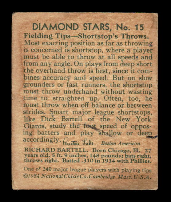 1934-36 Diamond Stars #15B Dick Bartell 35G/New York Giants/on card back back image