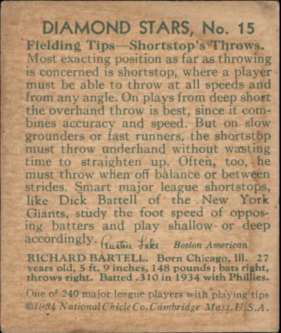 1934-36 Diamond Stars #15B Dick Bartell 35G/New York Giants/on card back back image