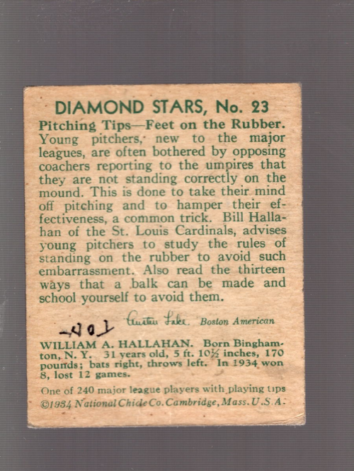 1934-36 Diamond Stars #23 Bill Hallahan/34G, 35G back image