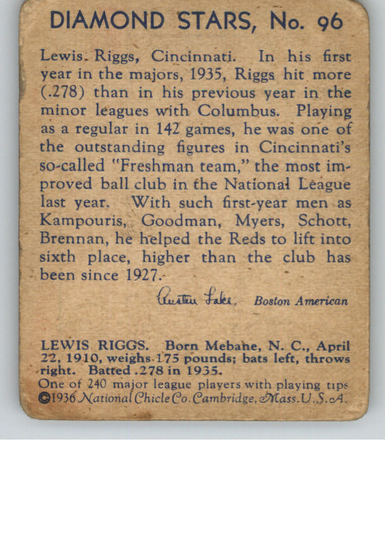 1934-36 Diamond Stars #96 Lew Riggs XRC (36B) back image