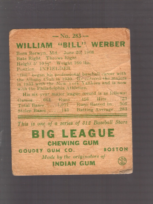 1938 Goudey Heads-Up #283 Billy Werber back image