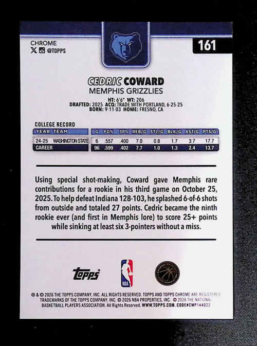2025-26 Topps Chrome Update Gold Refractors #161 Cedric Coward back image