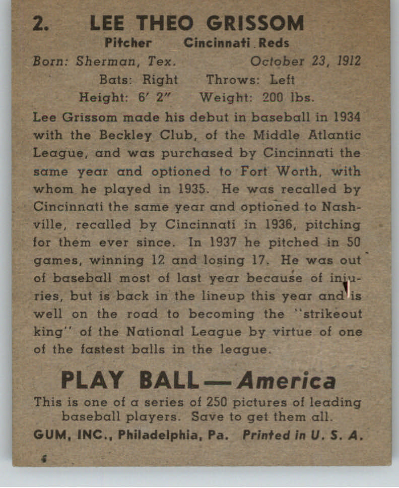 1939 Play Ball #2 Lee Grissom RC back image