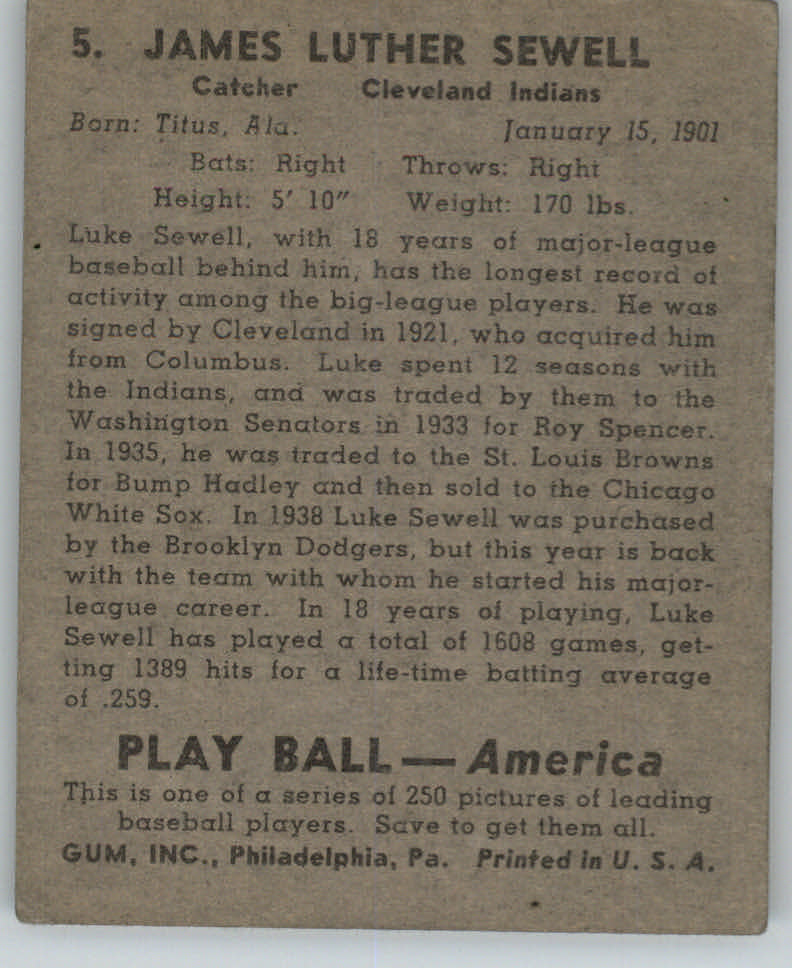 1939 Play Ball #5 Luke Sewell back image
