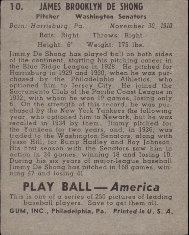 1939 Play Ball #10 James DeShong back image