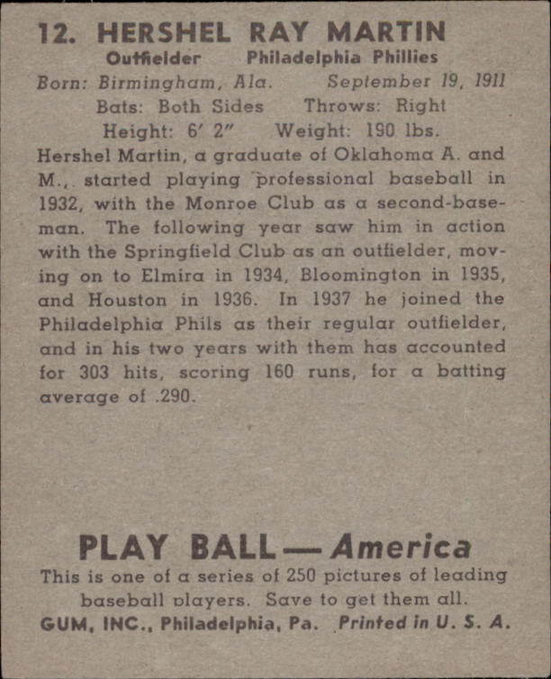 1939 Play Ball #12 Hershel Martin RC back image