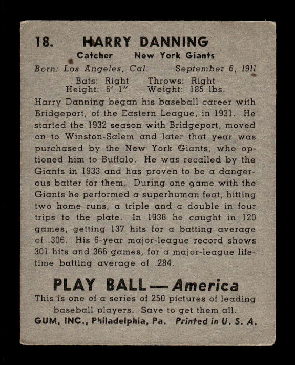1939 Play Ball #18 Harry Danning RC