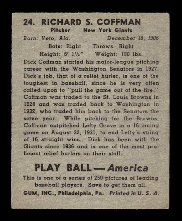 1939 Play Ball #24 Richard Coffman back image