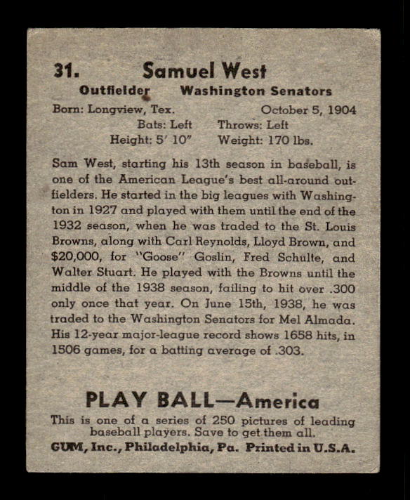 1939 Play Ball #31 Sam West back image
