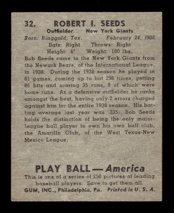 1939 Play Ball #32 Bob Seeds RC back image