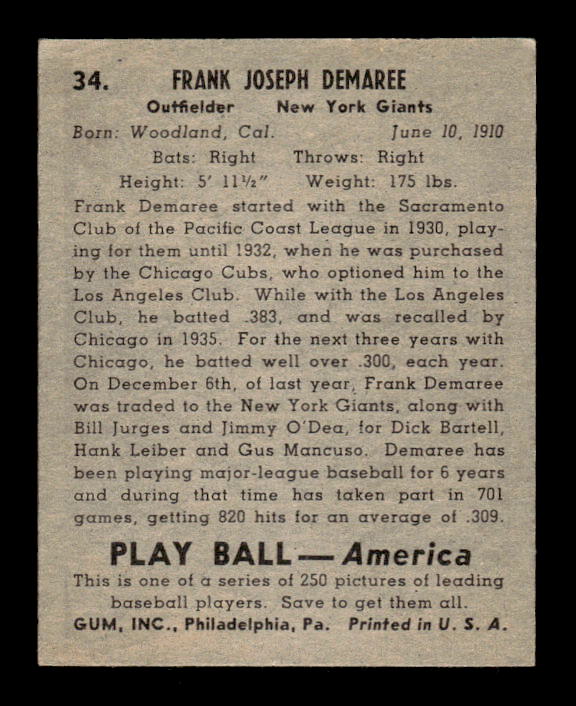 1939 Play Ball #34 Frank Demaree back image
