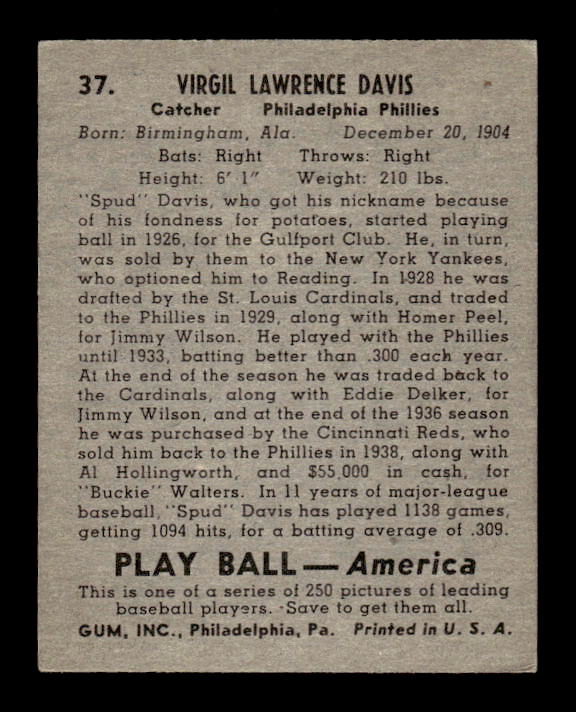 1939 Play Ball #37 Virgil Davis back image
