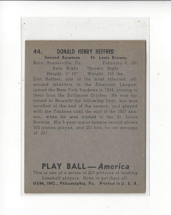 1939 Play Ball #44 Don Heffner RC back image