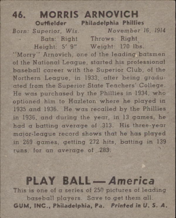 1939 Play Ball #46 Morris Arnovich RC back image