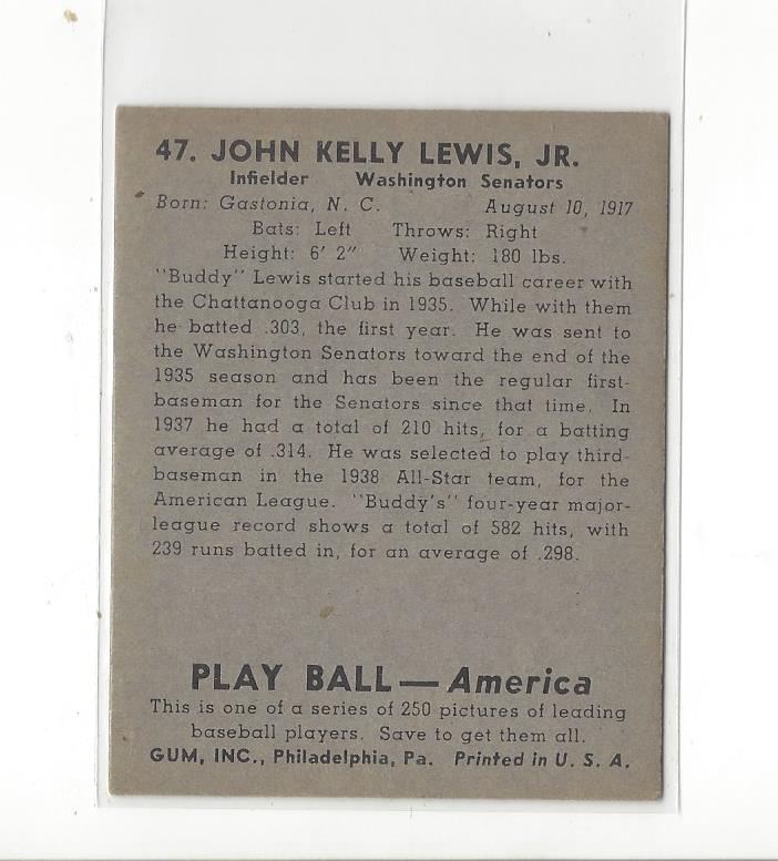 1939 Play Ball #47 Buddy Lewis RC back image