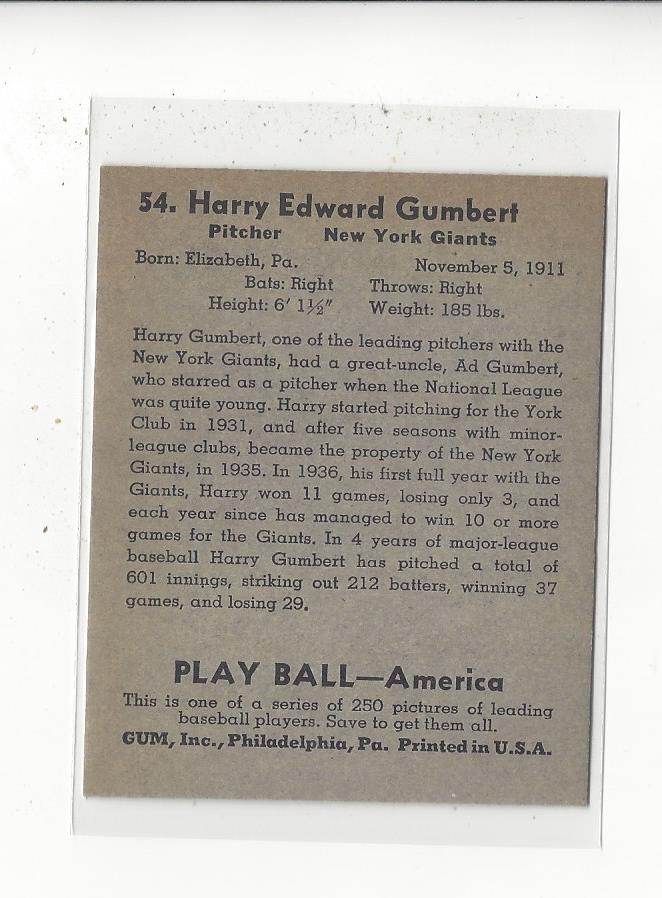 1939 Play Ball #54 Harry Gumpert RC back image
