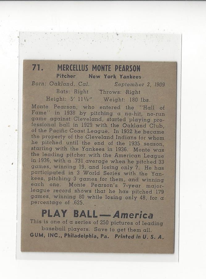 1939 Play Ball #71 Monte Pearson RC back image