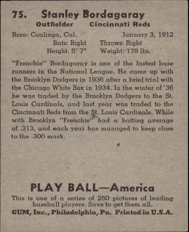 1939 Play Ball #75 Stan Bordagaray RC back image