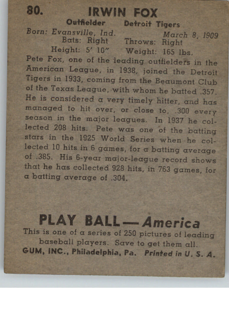 1939 Play Ball #80 Pete Fox back image