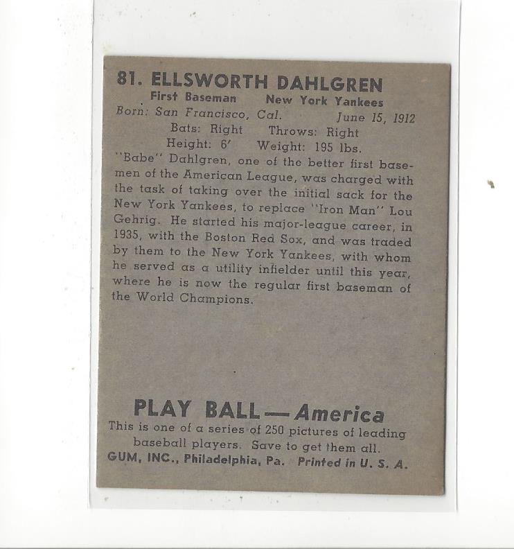 1939 Play Ball #81 Babe Dahlgren RC back image
