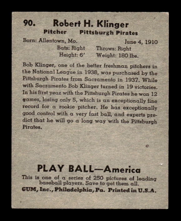 1939 Play Ball #90 Robert Klinger RC back image