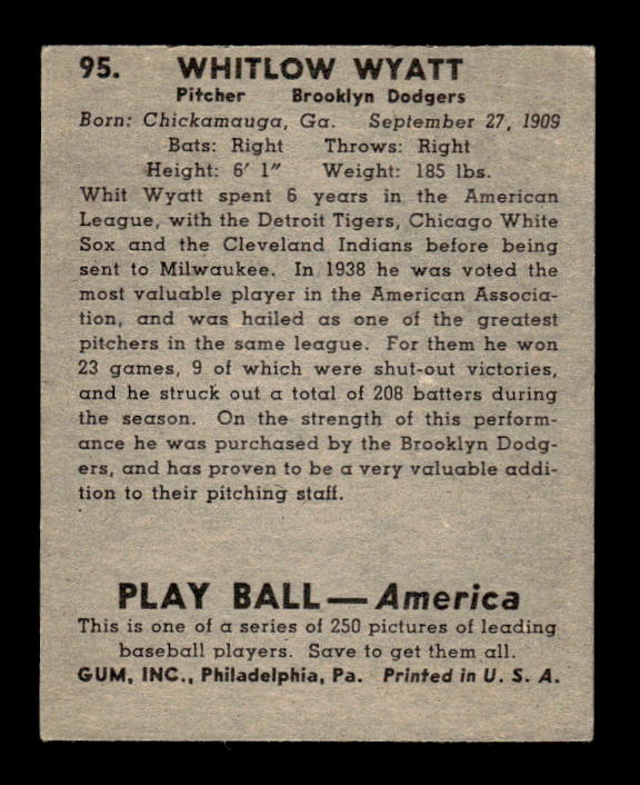 1939 Play Ball #95 Whit Wyatt RC back image
