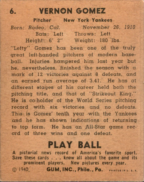 1940 Play Ball #6 Lefty Gomez back image