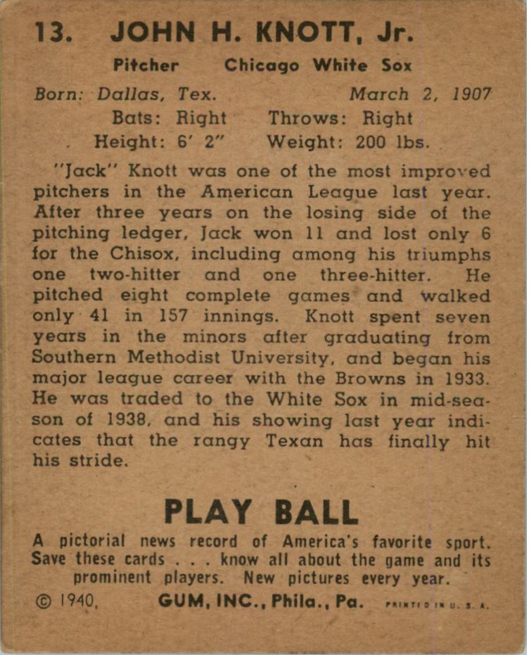 1940 Play Ball #13 Jack Knott back image