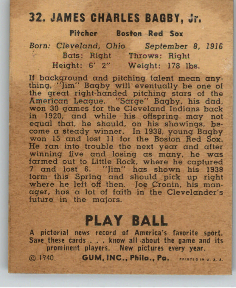 1940 Play Ball #32 Jim Bagby back image