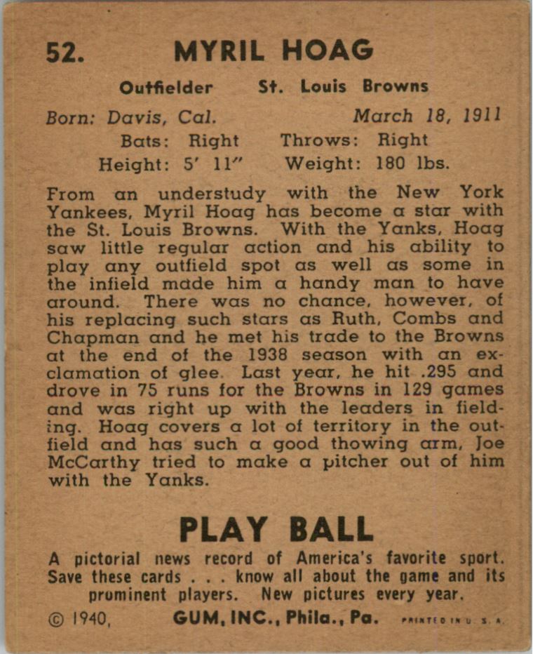 1940 Play Ball #52 Myril Hoag back image