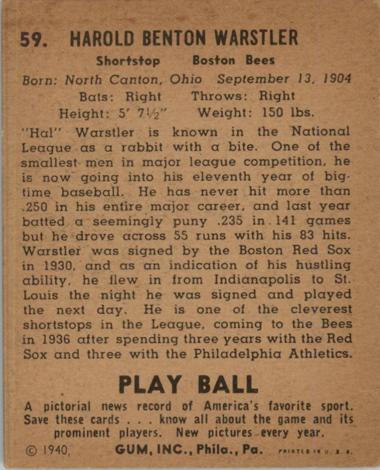 1940 Play Ball #59 Rabbit Warstler back image