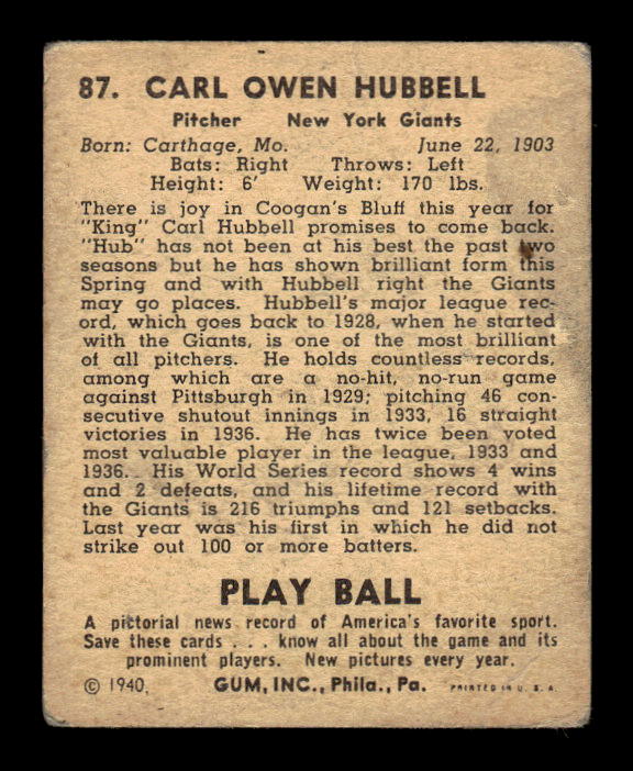 1940 Play Ball #87 Carl Hubbell back image