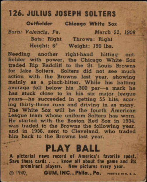 1940 Play Ball #126 Jake Solters back image