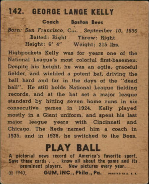1940 Play Ball #142 George Kelly RC back image