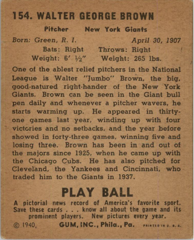 1940 Play Ball #154 Jumbo Brown back image