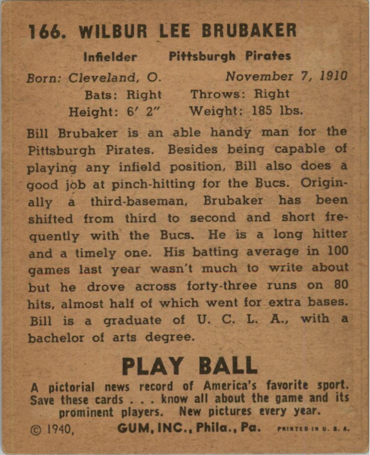 1940 Play Ball #166 Bill Brubaker back image