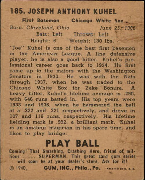 1940 Play Ball #185 Joe Kuhel back image