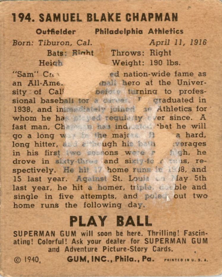 1940 Play Ball #194 Sam Chapman RC back image