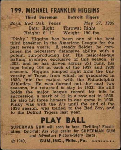 1940 Play Ball #199 Pinky Higgins back image